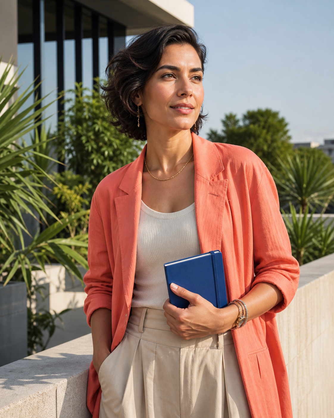A creative director working outdoors with a notebook