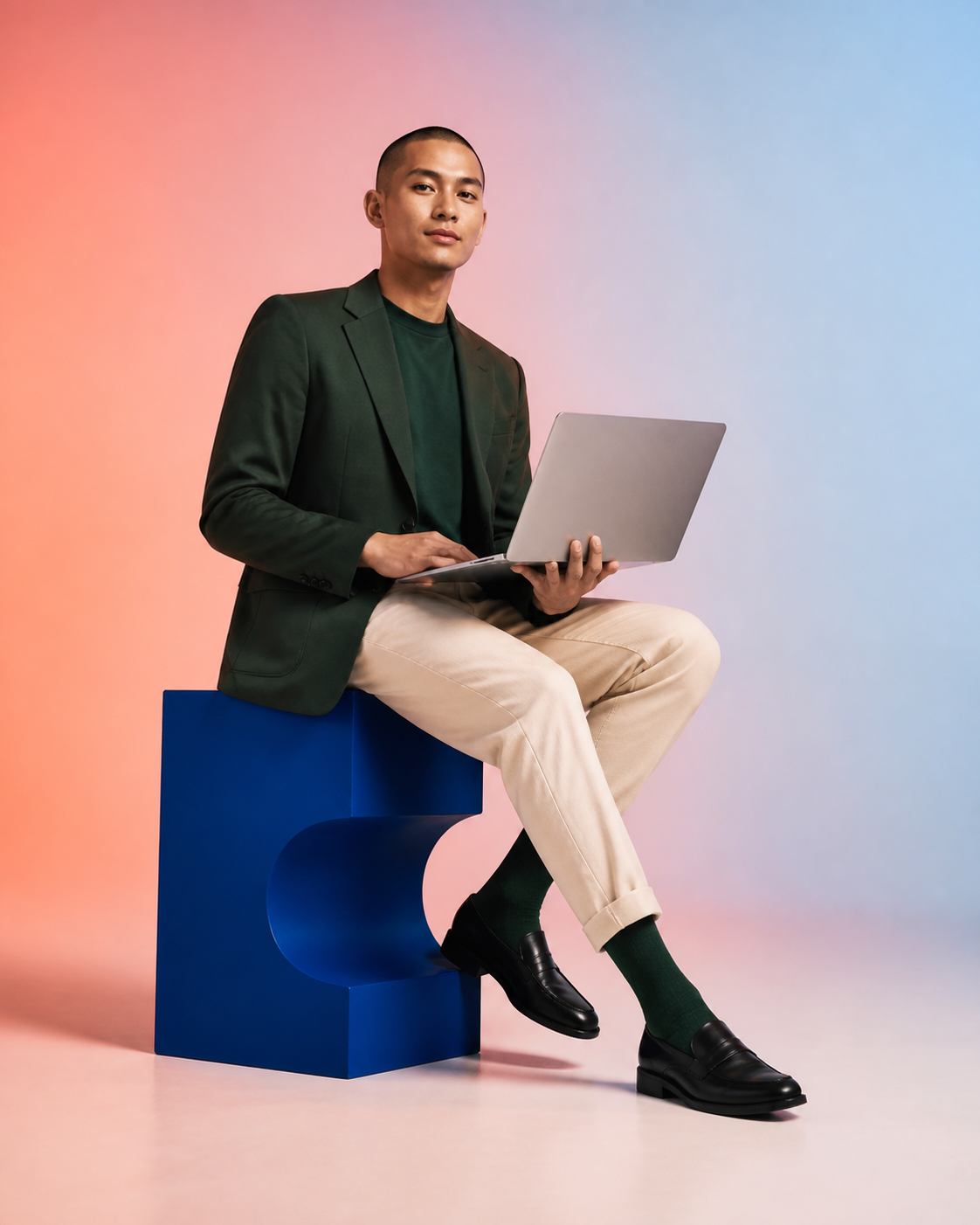 A creative technology strategist working with a laptop in a colourful studio