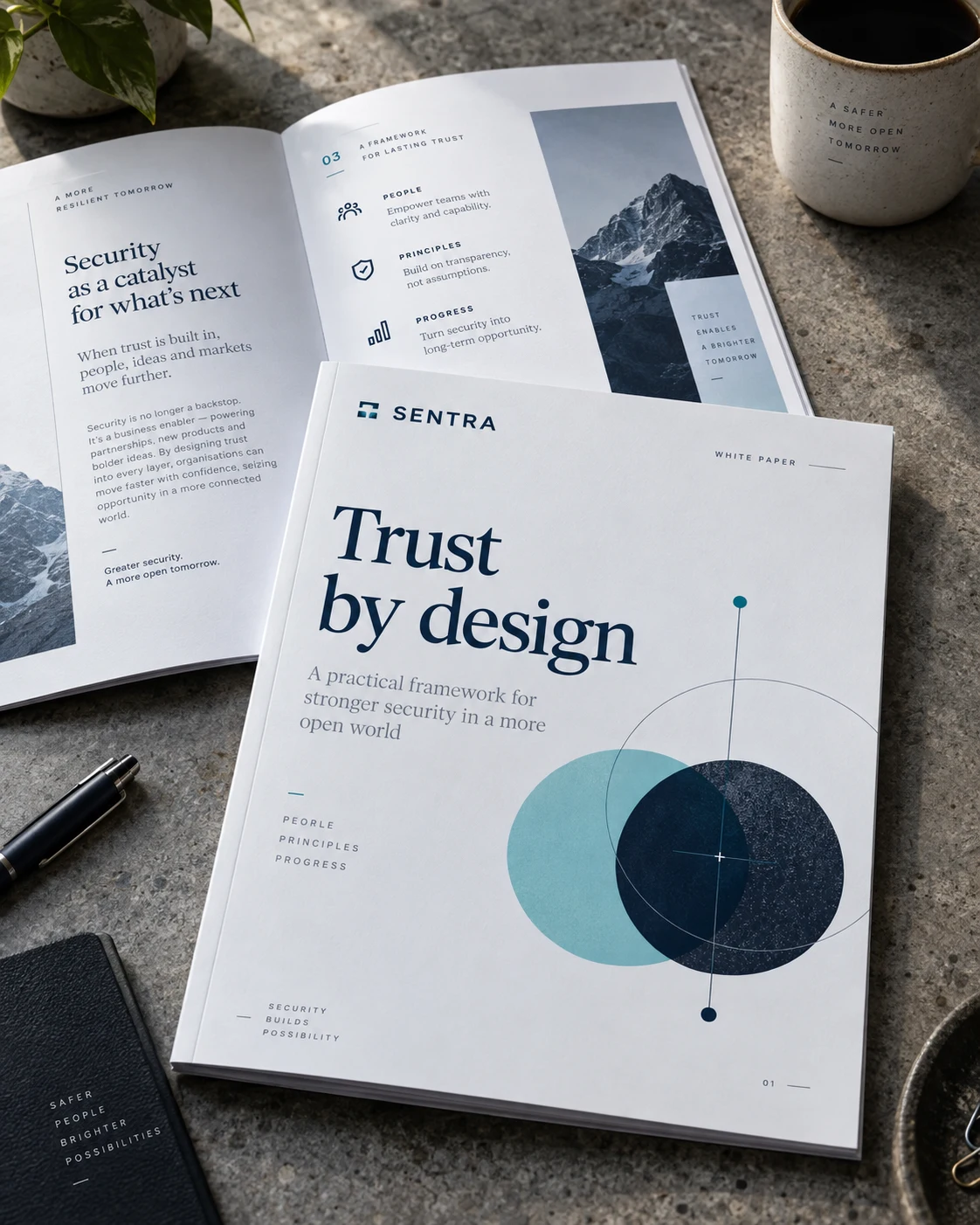 Illustrative white papers concept shown as finished design work